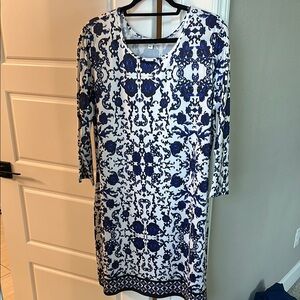 Jean Pierre Elegant Long Sleeve Dress in Blue and White